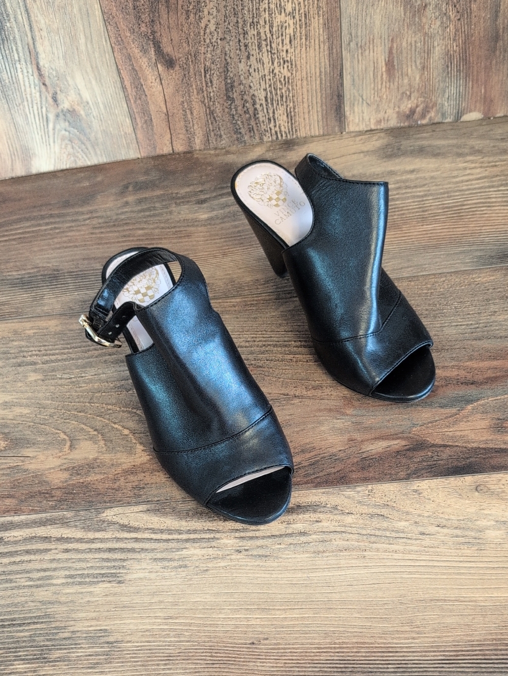 Vince Camuto Black Leather Peep-Toe Slingback Mules 6.5 M423